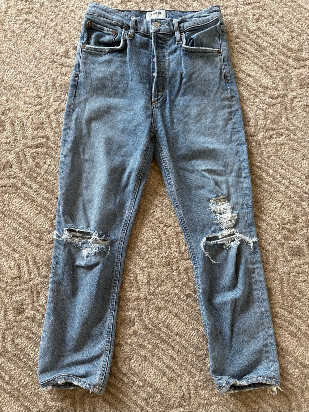 AGOLDE Riley High Rise button front Distressed Ripped Cropped Ankle Jean Wm 25